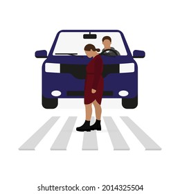 Fat female character walking on a pedestrian crossing in front of a car with a driver