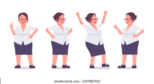 Fat female clerk busy in positive emotions. Heavy middle aged business lady, office manager and civil service worker, typical employee in plus size formal wear. Vector flat style cartoon illustration