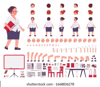 Fat female clerk in formal wear construction set. Heavy middle aged business girl, manager, civil service worker, office equipment, plus size employee. Vector illustration