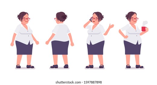 Fat female clerk standing with phone, mug. Heavy middle aged business lady, office manager and civil service worker, typical employee in a plus size formal wear. Vector flat style cartoon illustration