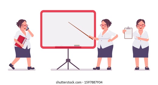 Fat female clerk working at board, with papers. Heavy middle aged business lady, office manager, civil service worker, typical employee in plus size formal wear. Vector flat style cartoon illustration