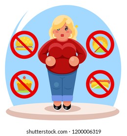 Fat female diet character health refusal food junk flat cartoon design vector illustration