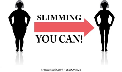 A Fat Female Silhouette Goes On A Diet And Becomes Thin. Red Arrow And Motivate Text