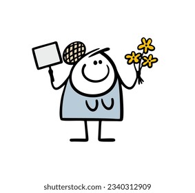 Fat female teacher meeting pupils with  sign and  bouquet of flowers. Vector illustration of back to school autumn holiday. Cute funny stick figure man in hand drawn doodle style.
