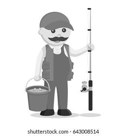 fat fisherman holding bucket full of fish black and white style