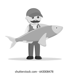 fat fisherman holding giant fish black and white style