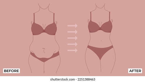 Fat To Fit. Before and after weight loss fat and slim woman on a Light background vector illustration. fat and thin female body.