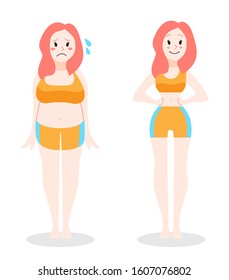 From fat to fit concept. Woman loosing her weight. Slimming progress, fitness exercise. Vector illustration in cartoon style