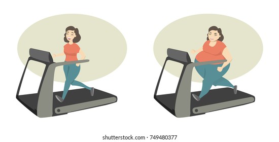 From Fat To Fit. Woman Running On Treadmil Trying To Loose Weight.