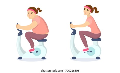 From fat to fit. Womna on stationary bike trying to be fit.