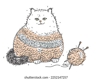 A fat fluffy white cat in a sweater and next to it is a ball of yarn with knitting needles. Pencil sketch of a pet in clothes. Knitting as a favorite hobby. Lovely kitten. Hand drawn vector