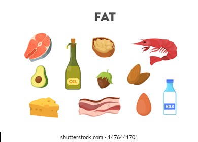 Fat food set. Cheese and oil, avocado and fish. Good and bad fats. Hamburger snack. Isolated vector illustration in cartoon style