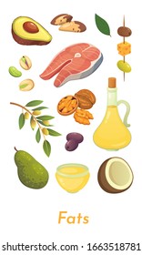 Fat food set. Vector fats icons collection. Diet, delicious meal: avocado, nuts, olive oil, salmon and coco.