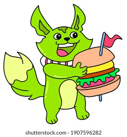 the fat fox brought a large hamburger to eat, doodle draw kawaii. vector illustration art