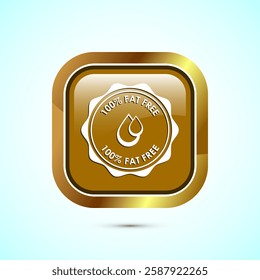 Fat free icon design illustration. Zero fat circle badge label for dietary product symbol, Gold color square button design