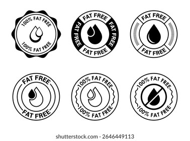 Fat free icons set design. Zero fat circle badge label for dietary product symbol black on white background