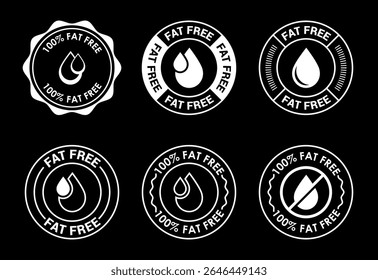 Fat free icons set design. Zero fat circle badge label for dietary product symbol white on black background
