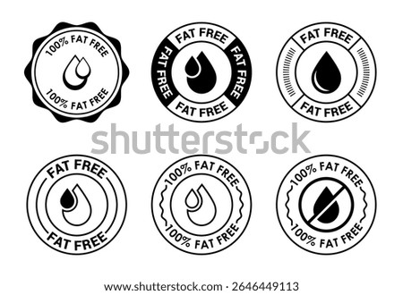 Fat free icons set design. Zero fat circle badge label for dietary product symbol black on white background