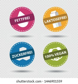 Fat Free, Lactose Free, Sugar Free, Vegan - German Symbols - Vector Illustration - Isolated on Transparent Background