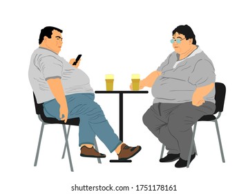 Fat friends sitting and drinking beer in pub vector isolated. Big boys talking and enjoy in drink. Overweight person trouble with food calorie. Breathless sweaty man need break. Boy with mobile phone