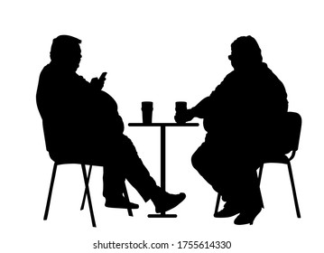 Fat friends sitting and drinking beer in pub vector silhouette isolated. Big boys talking and enjoy in drink. Overweight person trouble with food calorie. Breathless sweaty man with mobile phone.