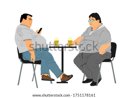 Fat friends sitting and drinking beer in pub vector isolated. Big boys talking and enjoy in drink. Overweight person trouble with food calorie. Breathless sweaty man need break. Boy with mobile phone