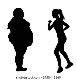 Fat friends woman and fitness girl instructor vector silhouette illustration isolated. Big belly overweight female. Fit lady dancer teach big girl exercise how to losing weight activity. Health care.