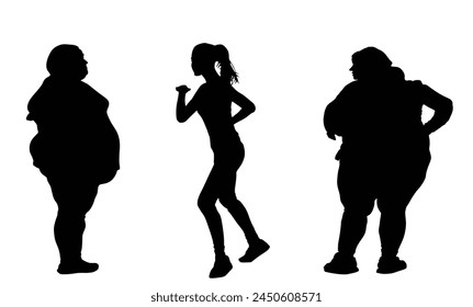 Fat friends woman and fitness girl instructor vector silhouette illustration isolated. Big belly overweight female. Fit lady dancer teach big girls exercise how to losing weight activity. Health care.