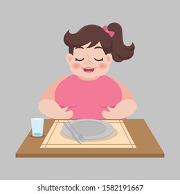 Fat full woman with empty dirty plate after eaten weight loss Healthcare concept cartoon.