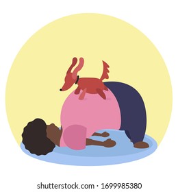 Fat funny african woman doing chakrasana pose. Her dog is helping her with exercise. Illustration in vector format