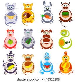 Fat funny animals set with their favorite food. Decorative heroes of Chinese horoscope isolation on a white background.