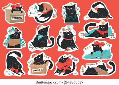 Personagem de gato preto gordo e engraçado em diferentes questões da vida durante o Natal. Gatinho bonito derrubou uma árvore de Yule ou emaranhado na luz de Natal. Adesivos de vetor. Conjunto de ilustração sazonal.