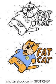 A fat funny cat on a white background. Cartoon vector illustration. 