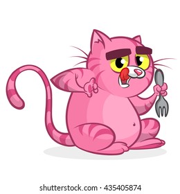 Fat funny cat with yellow eyes holding fork.  Vector cartoon cat waiting for food