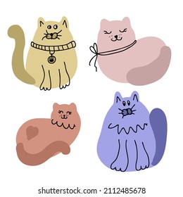 Fat funny cats character collection. Design for T-shirt, stickers and print. Doodle simple vector illustration.


