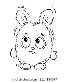 Una liebre gorda y divertida en la pérdida. Animado animal salvaje. Un personaje cómico. Esbozo. Dibujo manual aislado en fondo blanco. Vector.