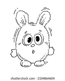 Fat funny hare surprised. Cheerful wild animal. A comical character. Sketch sketch. Hand drawing isolated on white background. Vector.