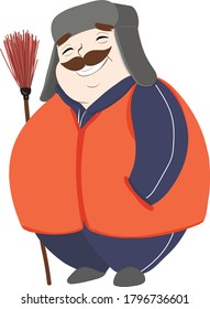 fat funny janitor with a broom