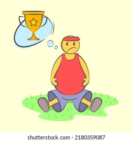 Fat funny lazy sportsman sitting and dreaming about the prize. Weight loss and a healthy body. Sad cartoon fat man starts workout.