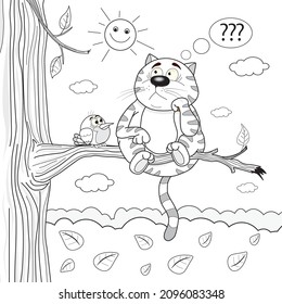Fat funny pensive cat sits on a tree coloring book for children  