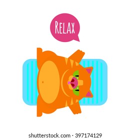 Fat funny red cat relax illustration. Summer rest. Cat lying on a lounger, on his back and looking up. Tourist vacation in warm countries. Relaxing.