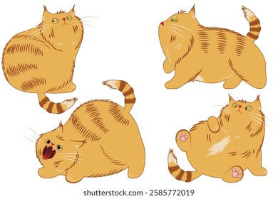 Fat ginger cat  different poses, vector image on white background