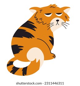 Fat ginger cat. Funny friendly domestic animal, pet. Childish Vector flat illustration isolated on the white background.