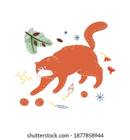 A fat ginger cat plays with tangerines. A bright, fun print with a cute funny cat is a great print for a T-shirt, hoodie and so on.
