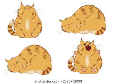 Fat ginger cat sits and sleeps in different poses, vector image on white background