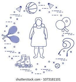 Fat girl, badminton rackets and shuttlecocks, tennis and basketball balls, rackets and balls for table tennis, jumping-rope, rollers. Sports and healthy lifestyle from childhood.