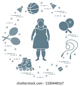 Fat girl, badminton rackets and shuttlecocks, tennis and basketball balls, rackets and balls for table tennis, jumping-rope, rollers. Sports and healthy lifestyle from childhood.