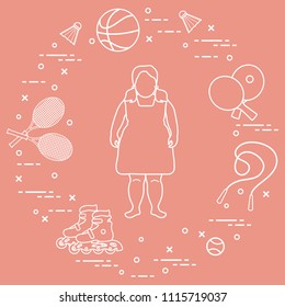 Fat girl, badminton rackets and shuttlecocks, tennis and basketball balls, rackets and balls for table tennis, jumping-rope, rollers. Sports and healthy lifestyle from childhood.
