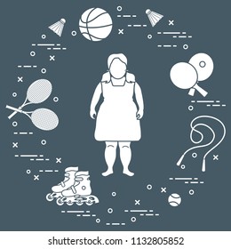 Fat girl, badminton rackets and shuttlecocks, tennis and basketball balls, rackets and balls for table tennis, jumping-rope, rollers. Sports and healthy lifestyle from childhood.