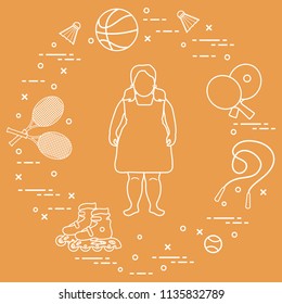 Fat girl, badminton rackets and shuttlecocks, tennis and basketball balls, rackets and balls for table tennis, jumping-rope, rollers. Sports and healthy lifestyle from childhood.